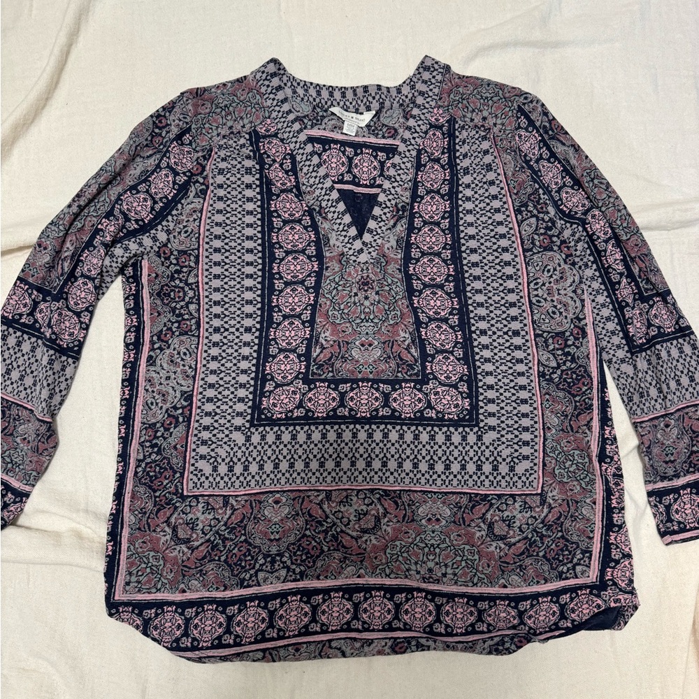 Lucky Brand Navy and Pink Geometric Blouse